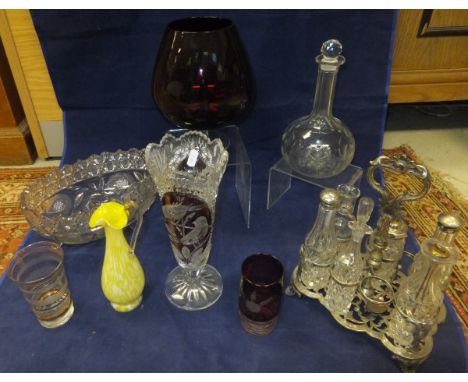 A large collection of glassware to include a late 19th / early 20th Century cut glass oval bowl, various decanters, fruit bow