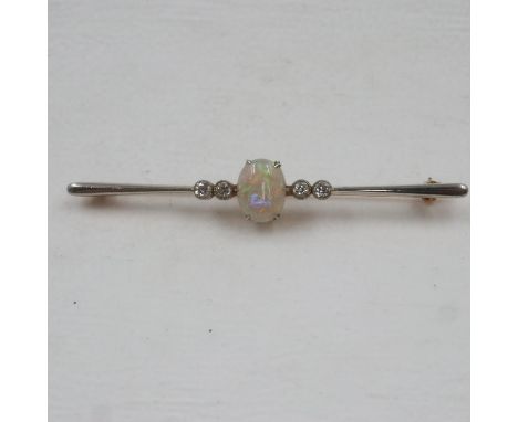 9ct gold opal and diamond bar brooch, 3.9g. UK P&amp;P Group 0 (£6+VAT for the first lot and £1+VAT for subsequent lots)