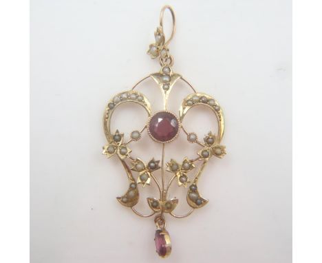 Edwardian 9ct gold amethyst and split-pearl pendant, drop L: 45mm, 2.6g. UK P&amp;P Group 0 (£6+VAT for the first lot and £1+