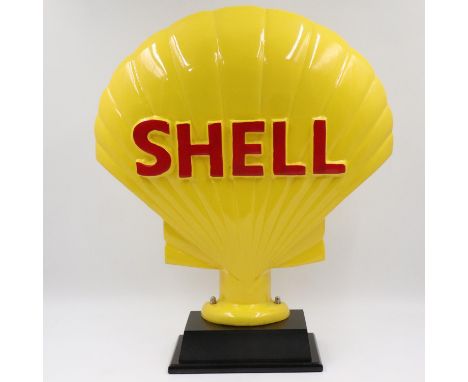 Yellow cast Shell sign on base, H: 50 cm. UK P&amp;P Group 3 (£30+VAT for the first lot and £8+VAT for subsequent lots)