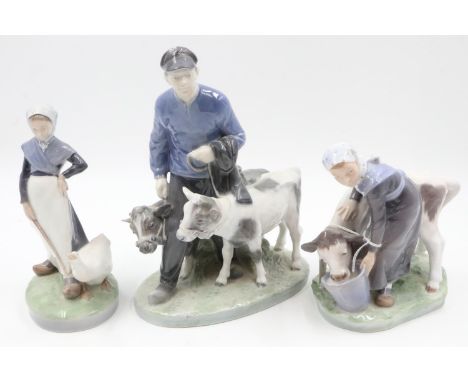 Three Royal Copenhagen figural groups, no. 528 Goose Girl, 779 Girl Feeding, a calf and 1858 man with two calves. UK P&amp;P 