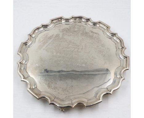 Hallmarked silver circular tray with inscription for 1967, 1500g. UK P&amp;P Group 3 (£30+VAT for the first lot and £8+VAT fo