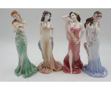 Four Coalport limited edition figurines, Emerald, Topaz, Sapphire and Ruby, largest H: 24 cm, no cracks or chips. UK P&amp;P 