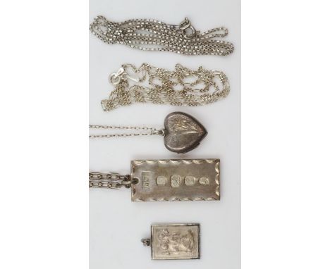Hallmarked silver ingot pendant on a sterling silver chain, pendant 15 x 35mm, with further silver jewellery, combined 36g. U