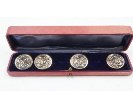 Set of four hallmarked silver Art Nouveau buttons, 36g, within a box-for-six. UK P&amp;P Group 1 (£16+VAT for the first lot a
