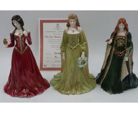 Three Royal Worcester figurines, Golden Girl of the May, Princess of Tara and Fair Maiden of Astolat. UK P&amp;P Group 3 (£30
