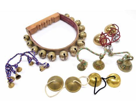 Paul Chalklin - ring of thirteen sleigh bells with stand, the handles stamped 'Venturi'; together with a selection of small I
