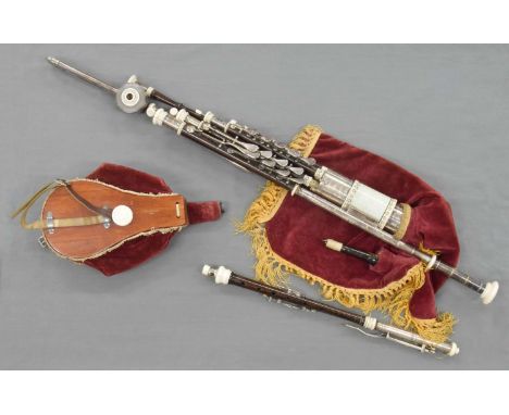 Set of Uilleann pipes by Denis Crowley, Cork, circa 1960, all tubes of rosewood with ivory and silver plated mounts, the chan