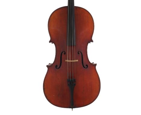 Late 19th century violoncello, unlabelled, the two piece back of faint medium curl with similar wood to the sides and head, t