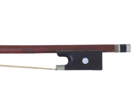 Nickel mounted violin bow stamped Caressa &amp; Francaise, the stick round, the ebony frog inlaid with pearl eyes and the ebo