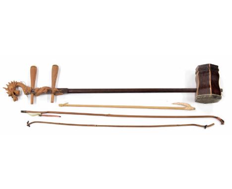 Contemporary Chinese Erhu Folk fiddle with snakeskin membrane and dragon finial, 32" long, three bows, case 