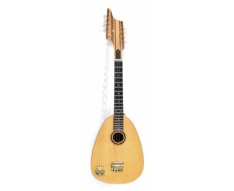 Unusual tenor guitar/mandolin harp, with pear-shaped chevron banded body and Mother of Pearl dot markers to the fretboard, 33