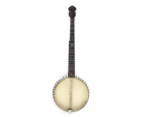 Monarch five string open back banjo circa 1900, with missing Mother of Pearl geometric inlay to the fretboard, 10.75" skin, c