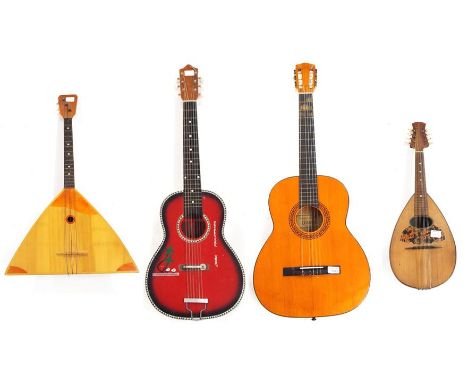 Tatra Classic Spanish guitar, child's guitar with painted body, Neapolitan mandolin labelled Domenico Zanoni, case and a bala