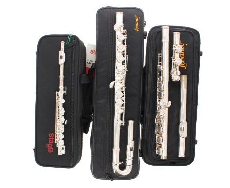 Levante silver plated flute with curved head joint, case; also another Levante silver plated flute, case and a Stagg WS-PF 21