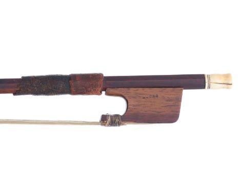 Interesting early English violoncello bow circa 1810, the stick round, the wooden frog stamped Lucas and with an ivory turned