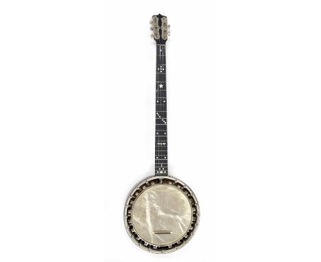 Good five string zither type banjo circa 1900, the resonator inlaid with double boxwood lines, Mother of Pearl geometric and 
