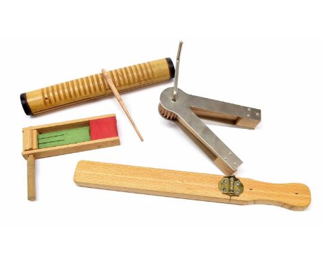 Paul Chalklin - Reso reso block with scraper; together with a ratchet, a miniature rattle and a whip 