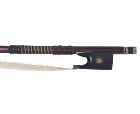 Silver mounted violoncello bow stamped Dodd, the stick octagonal, the ebony frog inlaid with silver rings enclosing pearl eye