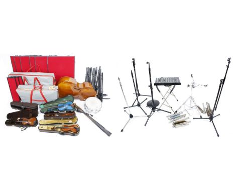 Mixed lot of musical instruments, including Olympic Premier snare drum, half size contemporary double bass in need of restora