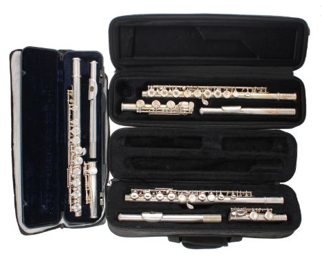 Sarum open hole silver plated flute, case; also a Vivace III by Kurioshi silver plated flute, case and a Stagg 77-FE silver p