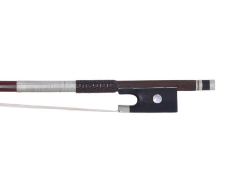 French violin bow attributed to Charles Nicolas Bazin and stamped Tourte, the stick round, the ebony frog inlaid with pearl e