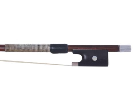 French Mirecourt silver mounted violin bow stamped Ch. Enel-Paris, the stick round, the ebony frog inlaid with pearl eyes and