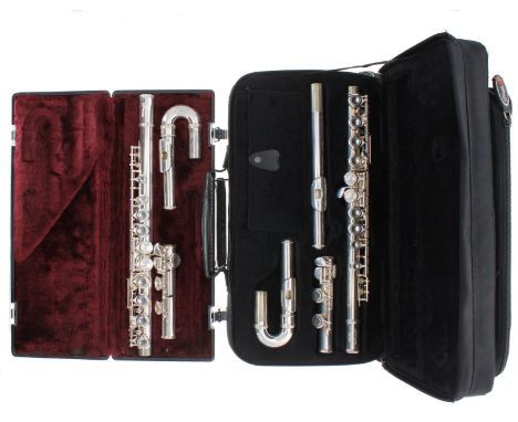 Stagg 77-FE U silver plated flute with curved head joint, case; also a Stagg 77-FE silver plated flute with crooked head join