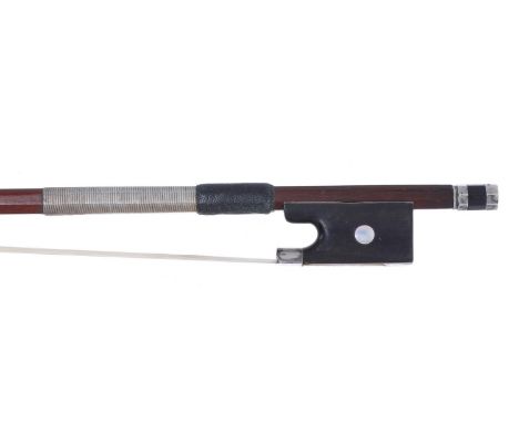 Silver mounted violin bow, unstamped, the stick round, the ebony frog inlaid with pearl eyes and the ebony adjuster with two 