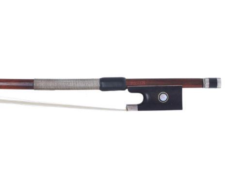 German silver mounted violin bow of the Knopf School and stamped Bazin, the stick round, the ebony frog inlaid with silver ri