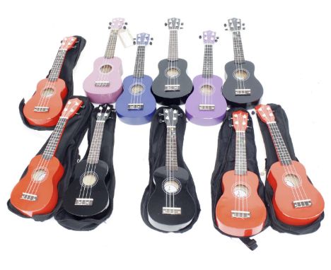 Eleven contemporary ex-student played ukuleles in variable condition, some cased (11) *This lot is subject to 20" VAT on the 