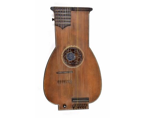 Rare early 20th century tenor Stoessel lute, with ebony banded satinwood back, sides and spruce table, 21" long 