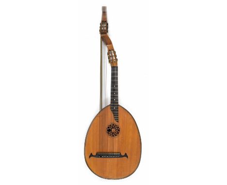 Early 20th century Theorbo harp guitar, Swedish style with six standard guitar and six bass strings, also with chevron banded