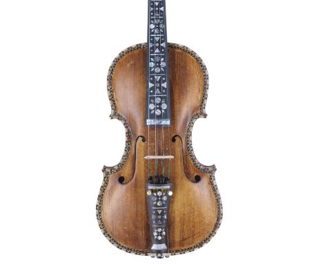 Interesting eight string Hardanger fiddle bearing a retail label inscribed GEH Fergul...1967, with decorative Mother of Pearl