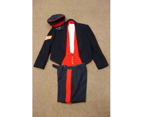 Army formal Mess uniform, short jacket with three stripes, red waistcoat, trousers with red stripe ad cap   Condition Report 
