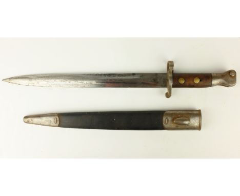 British Bayonet, wooden grip stamped 218, 30.5cm blade stamped crowned VR 8 291, WD arrow over crown 1 27E X, in metal mounte