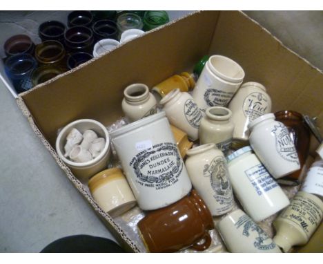 Box of Victorian Fairy lights together with a quantity of vintage stoneware cream and marmalade jars