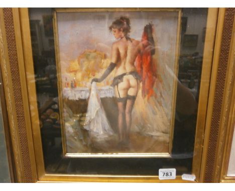 An oil painting portrait of a seductive nude female in her dressing room