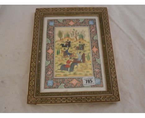 Original gouache painting of a Moghul style hunting scene with an elaborate Oriental style painted surround ornate frame