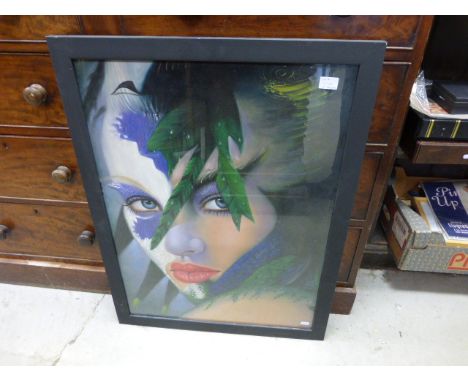 A studio framed mixed media portrait of a masked lady