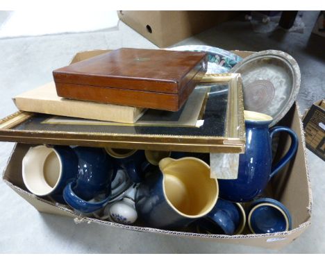 A box of various items to include Denby part dinner and tea service; Cries of London print etc