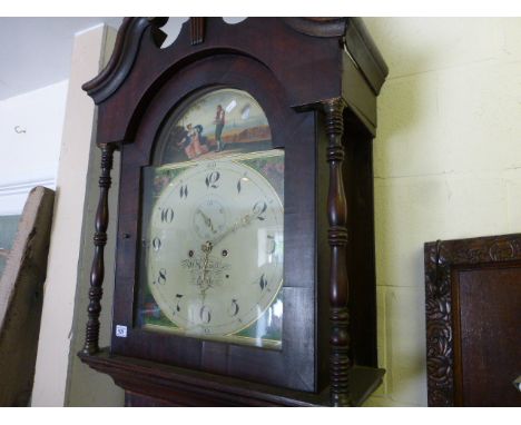 A George III oak long case clock; with broken swan neck pediment; painted dial bearing the name W. Helliwell of Leeds; the tr