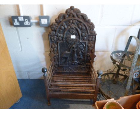 17th century cast iron fire back of unusual design dated 1697 & monogrammed NDV with later 19th century fire grate