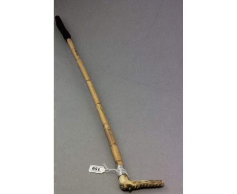 Victorian Swaine & Co Bamboo Riding Crop with Antler Handle, Silver Band hallmarked London 1874 and Makers Mark Button