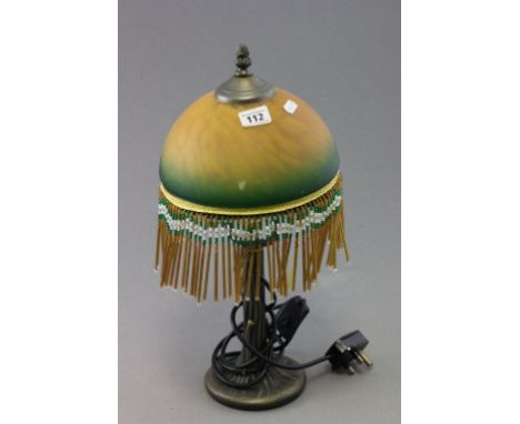 Tiffany Style Table Lamp with Yellow / Green Mottled Glass Shade and Beaded Fringe