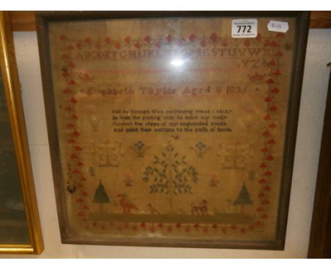 An early 19th century alphanumeric sampler; Elizabeth Taylor Aged 8; framed and glazed