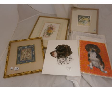 13 Various watercolours of dogs, cats and other animals W. Lewis and an Oriental framed embroidery in a faux bamboo frame of 