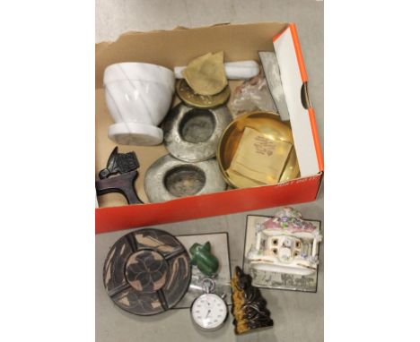 A box of various collectables to include; Staffordshire pastile burner; a marble pestle and mortar; Chinese collectibles and 
