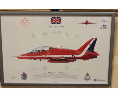 Framed and Glazed The Red Arrows 2001 ' Hawk T1A XX227 ' Print signed by Ten Members of the Royal Air Force Aerobatic Team, D