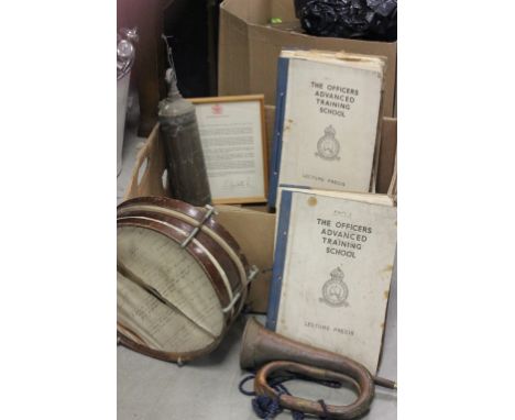 A set of three Royal Air Force training school lectures; a velum lined military drum together with other collectables to incl